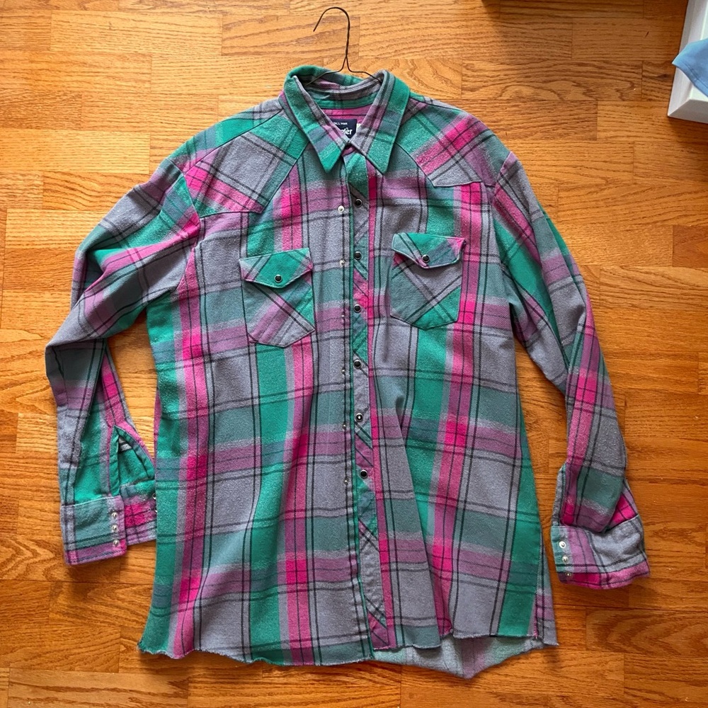 Wrangler Mens Vintage Plaid Flannel Pearl Snap Button-Up Western Shirt XXL Tall